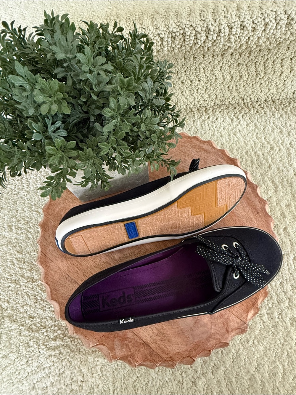 Black Keds Canvas Slip-On Boat Flats with Purple Insole. - Picture 5 of 6